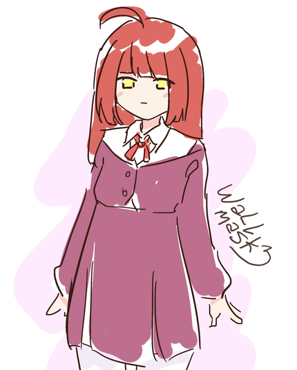 Anime style doodle of an expressionless girl with medium red hair with a objectively charming ahoge and yellow eyes. She wears a light wine colored jacket and skirt and white pantyhose. This art is just an idea of what a sequel of my original character Ayu would look like, I'm not sure yet on if I should make her part of my OCs.