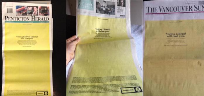 Three yellow full front page propaganda ads run by postmedia for steve harper's conservatives