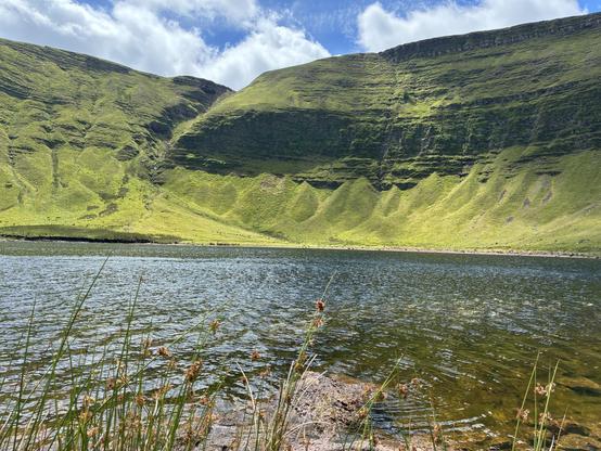Photo of same lake but from the shore looking up to the scarp. Rushes in the foreground at the fringes of the lake. The sky is blue with fluffy white clouds. Ripples on the lake’s surface mirror ripples in the green slopes above.