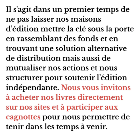 Il s'agit dans un premier temps de ne pas laisser nos maisons d'édition mettre la clé sous la porte en rassemblant des fonds et en trouvant une solution alternative de distribution mais aussi de mutualiser nos actions et nous structurer pour soutenir l'édition indépendante. Nous vous invitons à acheter nos livres directement sur nos sites et à participer aux cagnottes pour nous permettre de tenir dans les temps à venir.