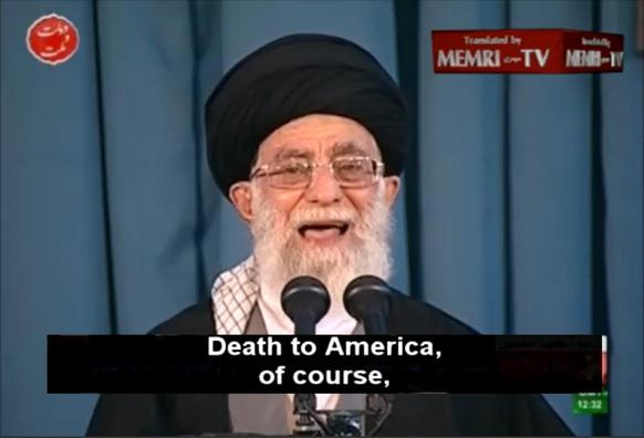 Ali Khamenei saying, "Death to America, of course." He is not especially expressive, as though simply reciting it out of habit.