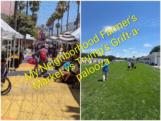 A collage of small lively farmers market and the empty DC Mall.
Captioned: My Neighborhood Farmer's Market vs Trump's Grift-a-palooza