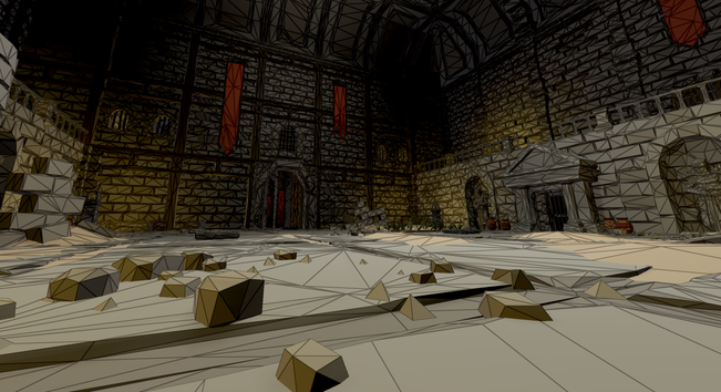 3D scene rendered in my game engine. The scenery (faux "low-poly" kitbashed medieval dungeon) has a wireframe laid over all the geometry.