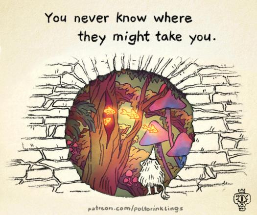 The second image shows the same gnomish creature standing at an old archway leading into a magical forest, with similar glowing fish floating through the scene. The text above it reads, continued from the last picture: "You never know where they might take you."
