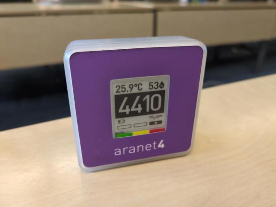 my purple aranet4, showing a reading of 4410 ppm CO2
FOUR THOUSAND FOUR HUNDRED TEN