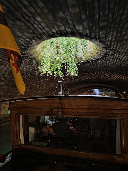 Le bateau, et votre serviteur à la barre, pris de la proue. On passe juste sous une ouverture de la voûte, toujours avec les plantes tombantes, qui illumine le toit du bateau. Le bateau n’est pas particulièrement haut, mais il n’y a pas tant de place sous la voûte.
Au premier plan, tronqué sur le bord de la photo, le drapeau de Trégor.