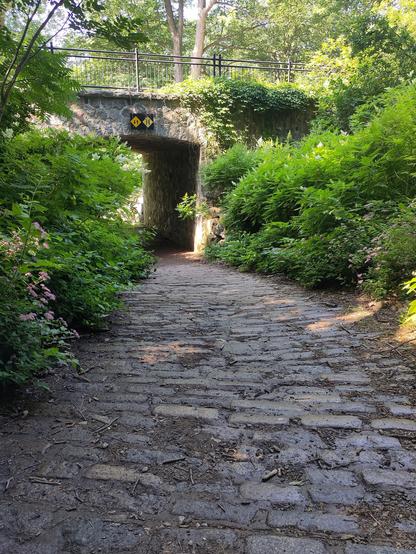 Photo. A cobblestone path in leafy forest leads through an underpass going under another path.