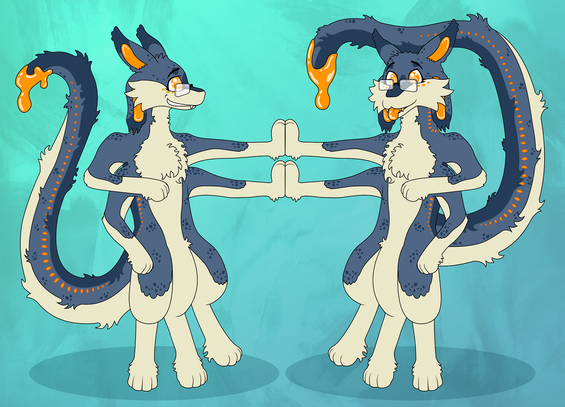 Digital drawing of Felthry, an amphimorpho. It is actually a combination of two identical characters. They are very handsome and fluffy, each with 4 ears, 4 arms, 3 legs and a long tail. One of them is smiling and looking at the other while the other is pulling its tongue at the camera. The two of them are high-fiving each other with half of their arms. A honey-like substance drips from the tip of each tail. Their fur is a blueish gray on the top side, beige on the underside, and a lighter blueish grey between the two. Many spots and blotches of darker blueish grey and orange cover their bodies.