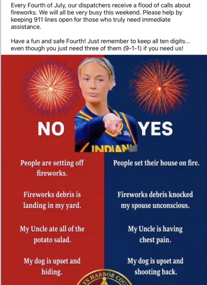 Reasons not to call:
People are setting off
fireworks.
Fireworks debris is
landing in my yard.
My Uncle ate all of the
potato salad.
My dog is upset and
hiding.
Reasons to call:
People set their house on fire.
Fireworks debris knocked
my spouse unconscious.
My Uncle is having
chest pain.
My dog is upset and
shooting back.
IS HARBOR COM