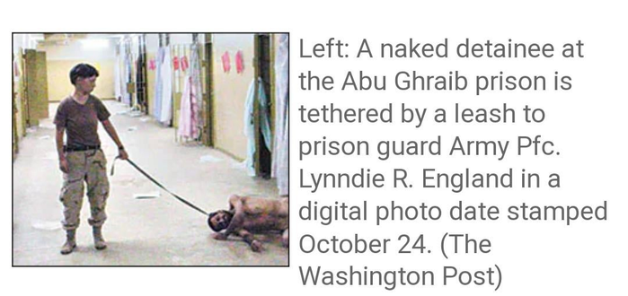 a naked detainee at the abu ghrain prison tethered by a leash to a us military person