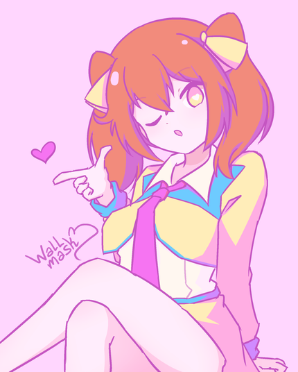 Anime style art of a girl sitting with her legs crossed, winking to the viewer and sending a floating heart with her finger gun(?). She wears a yellow hair bow, a cropped yellow jacket with long sleeves, a white collared shirt, a pink necktie, and yellow skirt. This picture is painted inspired by pastel colors, with hues more towards pink and aqua colors rather than using the character's actual colors. The girl is my original character Haruka.