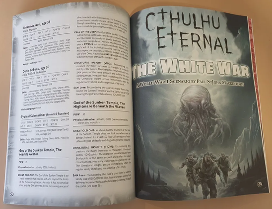 Interior spread showing stats from "Fathoms Below" and the title page of "The White War"