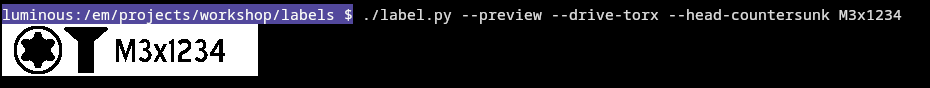 i have run the command `./label.py --preview --drive-torx --head-countersunk M3x1234` and it output a label to my terminal below the prompt
