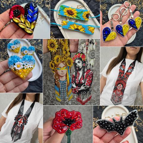 A multi-image collage of nine intricate beaded jewelry and accessory items from Ukraine. Top row: A beaded brooch with a heart of embroidered red poppies and blue crystals; a set of two bracelets with woven sunflowers; and three heart-shaped keychains in blue and yellow (Ukrainian flag colors). Middle row: A heart-shaped brooch with white chamomile and yellow and blue flowers; two intricate beaded Gerdan necklaces, one depicting sunflowers and one a traditional portrait; and a woman wearing a large red and black woven beaded neckpiece. Bottom row: A woman wearing a second large red and black woven beaded neckpiece; a detailed three-dimensional red poppy brooch; and a sparkling black beaded bat brooch. All items demonstrate elaborate beadwork and traditional designs.