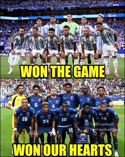 A two-panel meme comparing two football teams standing on a pitch for a pre-match team photo, with crowds visible in the background stadium.

Top Panel: The Argentina national football team posing in their light blue and white striped home kits. Bold yellow text overlaid across the bottom of this panel reads: "WON THE GAME".

Bottom Panel: The Cape Verde national football team posing in their dark blue kits, with the goalkeeper on the left in yellow. Bold yellow text overlaid across the bottom of this panel reads: "WON OUR HEARTS".