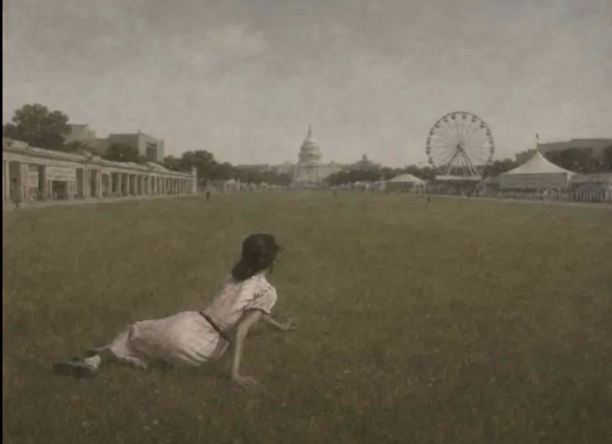 Christina's World by Andrew Wyeth superimposed on the mall for America 250