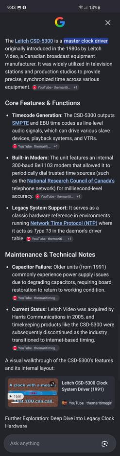 A Google Search "AI summary" of the Leitch CSD-5300 Clock System Driver. All of the bullet points reference one of the two themaritimegirl videos about the unit.