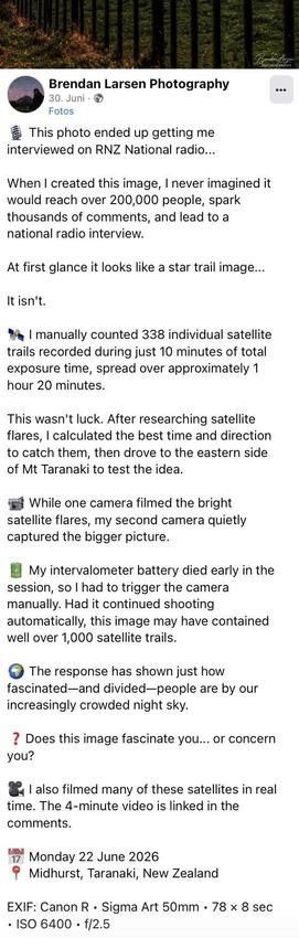 Screenshot of FB post: The author describes a night sky image featuring numerous satellite trails, resembling a star trail photograph, captured during a specific time window near Mt. Taranaki, New Zealand. The image highlights a total of 338 individual satellite flares recorded over combined 10 minutes of exposure.