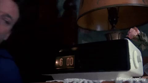 Smashed alarm clock featuring Bill Murray in “Groundhog Day” GIF