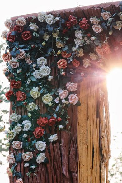 Corner of a big wooden frame covered with roses, sunlight shining through the inside