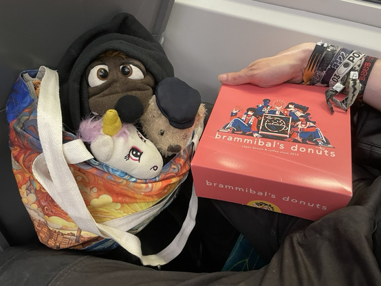 Gaston, Elli Einhorn und George (Air Malta Pilotenbär) sitzen in der Tasche und schauen auf eine Packung Brammibal’s Donuts