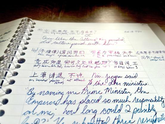 my Chinese translation notebook at an angle to show green ink sparkling pink in sunlight