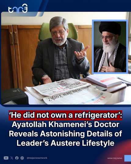An informational graphic displays a large image of a person with gray hair, hair, glasses, and a beard sitting in a green chair behind a desk covered with papers and newspapers, one of which is titled "Tehran Times." An inset photo in the upper right corner shows another person wearing a black turban and glasses while smiling. Large text at the bottom reads, "'He did not own a refrigerator': Ayatollah Khamenei's Doctor Reveals Astonishing Details of Leader's Austere Lifestyle". The graphic includes a "tmj" logo in the top left corner and social media icons with "[@]tmjnewsnetwork" and "www.tmj.news" at the bottom.