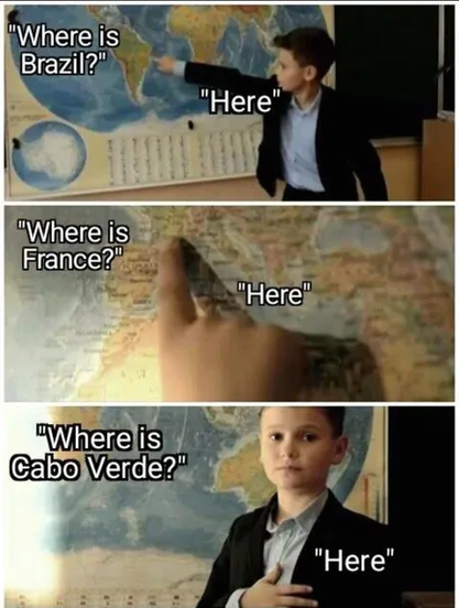 "Where is Brazil?" Points at Brazil on the map
"Where is France?" Points at France on the map
"Where is Cabo Verde?" Points at heart