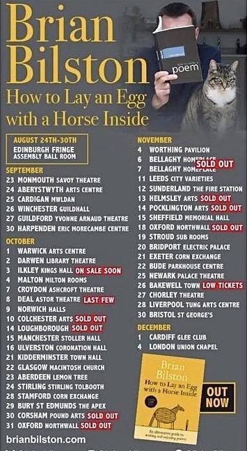 A pic advertising my list of shows for my autumn 2026 tour: Aberdeen; Aberystwyth; Bakewell; Bellaghy; Bridport; Bristol; Bude; Bury St Edmonds; Cardiff; Cardigan; Chorley; Colchester; Corsham; Coventry; Croydon; Darwen; Deal; Edinburgh; Exeter; Glasgow; Guildford; Harpenden; Helmsley; Kidderminster; Leeds; Liverpool; London; Loughborough; Malton; Manchester; Monmouth; Newark; Norwich; Oxford; Pocklington; Sheffield; Stamford; Stirling; Stroud; Sunderland; Ulverston; Winchester; Worthing