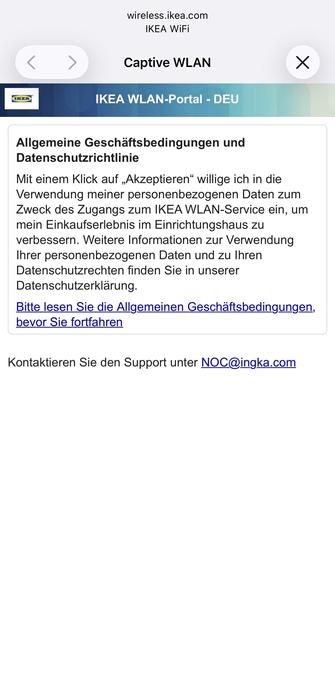 Screenshot eines IKEA Wi-Fi-Login-Portals in deutscher Sprache, das die Allgemeinen Geschäftsbedingungen und Datenschutzinformationen anzeigt, mit Optionen zum Akzeptieren oder Kontaktieren des Supports.