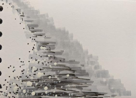 diagonal arrangement of horizontal lines and tiny dots, gradually narrowing from a wide centre front to the top left, colours of greys and white. Could be an edge of something looking into the distance, maybe be a path and/or lines of rocks.