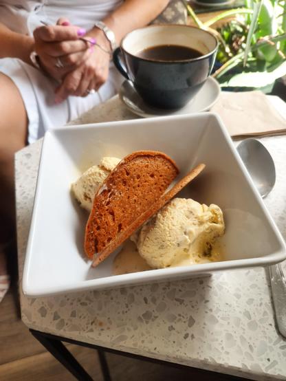 A white plate of brown bread ice cream with gingerbread