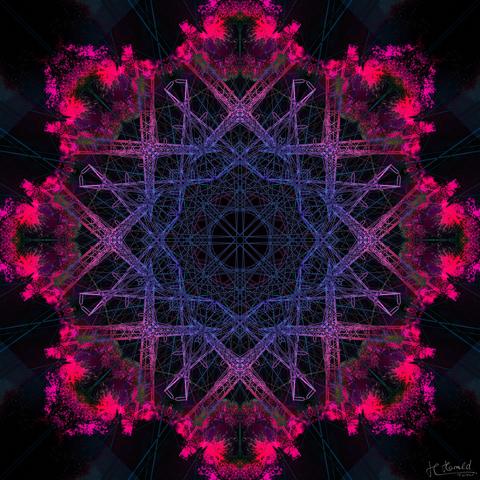 Kaleidoscope-like digital art created from one of my own photographs. A star-like shape is blue on the inside and fades outwards into pink. In the centre are thin, overlapping lines. Further out, the whole design gives way to metal struts. On the very outer edge are Rorschach-test-like shapes.