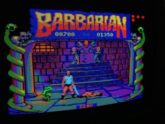 A photo of a CRT with Barbarian for the Amstrad on it: the cyan-suited man stands victorious over the grey-suited man, dead on the floor, as the evil wizard Drax observes on a throne atop a large dais; a goblin to the left walking to claim the body of the defeated Barbarian. Either side of the play field are two serpents coiled around tall columns.