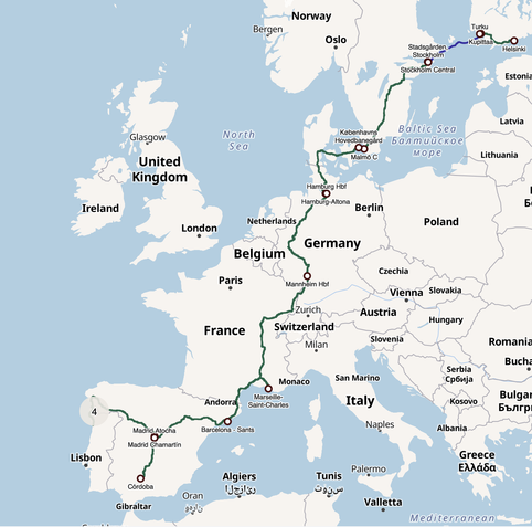 Map of the trip section from Helsinki to Porto. Helsinki–Turku–Stockholm–Copenhagen–Hamburg–Mannheim–Marseille–Barcelona–Madrid–Vigo–Porto.