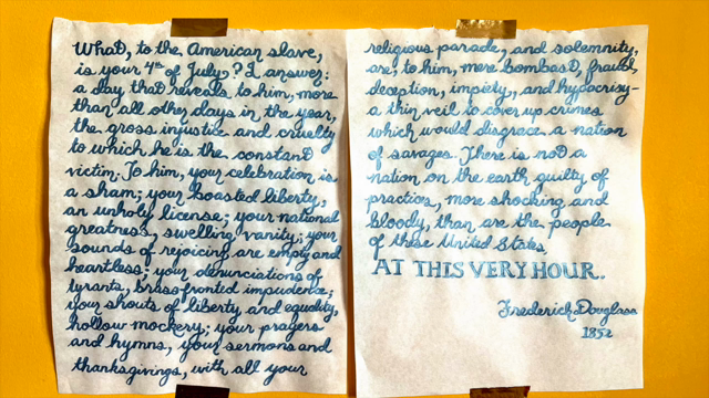 read aloud by a woman with a white-coded American South accent:

What, to the American slave, is your 4th of July? I answer: a day that reveals to him, more than all other days in the year, the gross injustice and cruelty to which he is the constant victim. To him, your celebration is a sham; your boasted liberty, an unholy license; your national greatness, swelling vanity; your sounds of rejoicing are empty and heartless; your denunciations of tyrants, brass fronted impudence; your shouts of liberty and equality, hollow mockery; your prayers and hymns, your sermons and thanksgivings, with all your religious parade, and solemnity, are, to him, mere bombast, fraud, deception, impiety, and hypocrisy—a thin veil to cover up crimes which would disgrace a nation of savages. There is not a nation on the earth guilty of practices, more shocking and bloody, than are the people of these United States, at this very hour. 

Frederick Douglass, 1852