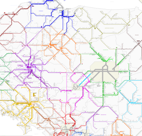 A poorly-cropped thumbnail of the regional rail diagram, just to give an impression of how it looks (it's way too big to upload whole). Lines are color-coded by organizing voivodeship