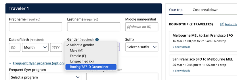 Part of what looks to be a passenger information form for an airline. The drop down for Gender lists: "Male, Female, Unspecified, Boeing 787-8 Dreamliner" as options.