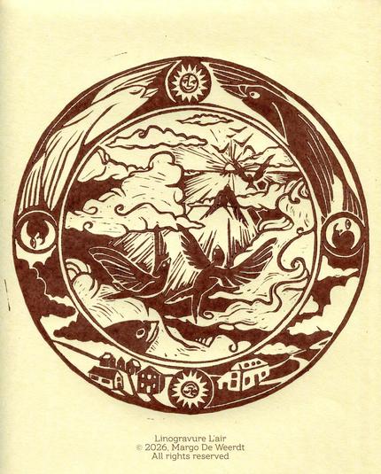 A round linocut print on tinted yellow, textured paper. The main image shows a view of birds flying towards the setting sun. The border around the main image shows from left to right: A white bird, a crow, A village at night and a village during the day.