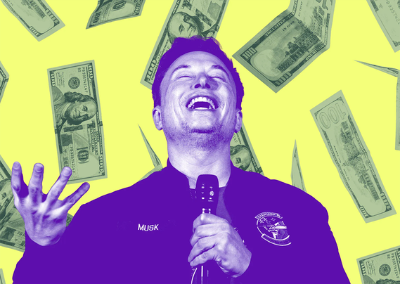 Elon Musk enjoying money (US bills) falling around him.