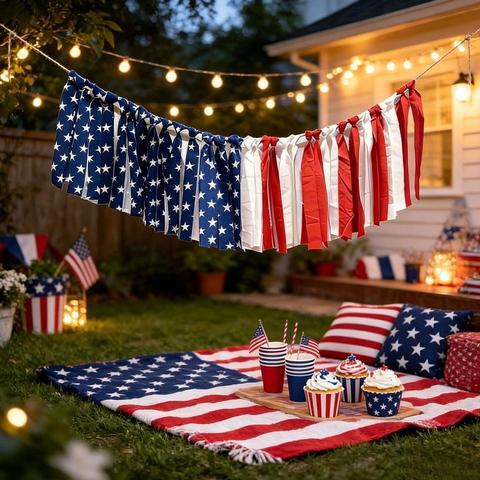 A shredded US flag hangs over a US flag used for pillowcases on top of a US flag used a sheet on the grass, with US flag cupcakes, and mini flags scattered about the image, including a flag in a flag themed bucket.