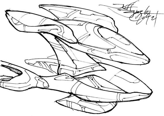 Streamlined, fluid techno-forms resembling a pair of whales, perhaps an orca and a smaller species swimming together. The orca's dorsal fin becomes the pylon connection.