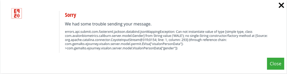 Web frontend error: Gemalto does not allow to construct a Gender data object from a single "Male" string.