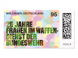 Briefmarke, 95 Cent.
"WIR.DIENEN.DEUTSCHLAND.
25 JAHRE
FRAUEN IM WAFFEN-
DIENST DER 
BUNDESWEHR"
bunter Hintergrund
