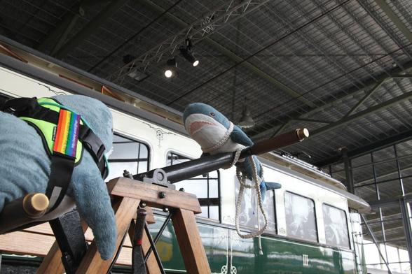 Hapi and Hajco sitting on opposite sides of the handles of a handcar. Hajcos side of the handle is currently in the upper position. The photo was made from behind hapi