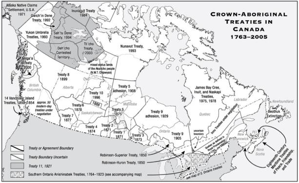 Map of Canada with Treaty Lands (up to 2005) marked out across most of Canada.