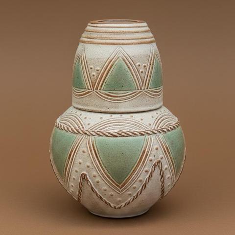 A spherical, decorative ceramic bottle with a small cup on top that acts as a cover when not in use. The piece features a textured off-white surface, aqua accents, and intricate geometric patterns. The background is a plain brown color.