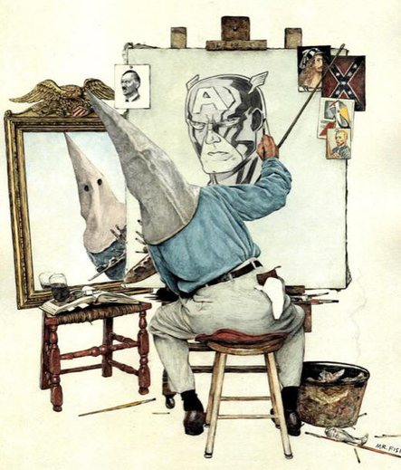 Norman Rockwell’s self-portrait painting. It has been modified so that the artist is in a Ku Klux Klan hood and has various Confederate/Redeemer iconography scattered about. He is  looking in the mirror and drawing himself as Captain America.