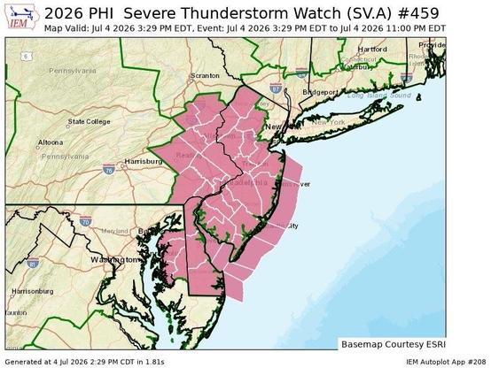 Map showing a Severe Thunderstorm Watch (SVA #459) for parts of New Jersey and Pennsylvania, highlighted in pink. The event is valid from July 4, 2026, 3:29 PM EDT to 11:00 PM. The NWS Storm Prediction Center has issued a

* Severe Thunderstorm Watch for portions of
  Delaware
  Eastern Maryland
  New Jersey
  Central and Southeast New York
  Central and Eastern Pennsylvania
  Coastal Waters

* Effective this Saturday afternoon and evening from 330 PM until
  1100 PM EDT.

* Primary threats include...
  Scattered damaging winds likely with isolated significant gusts
    to 75 mph possible
  Isolated large hail events to 1 inch in diameter possible