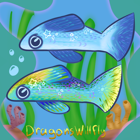2 fish in a small water scene with hand painted striped scales paterns.